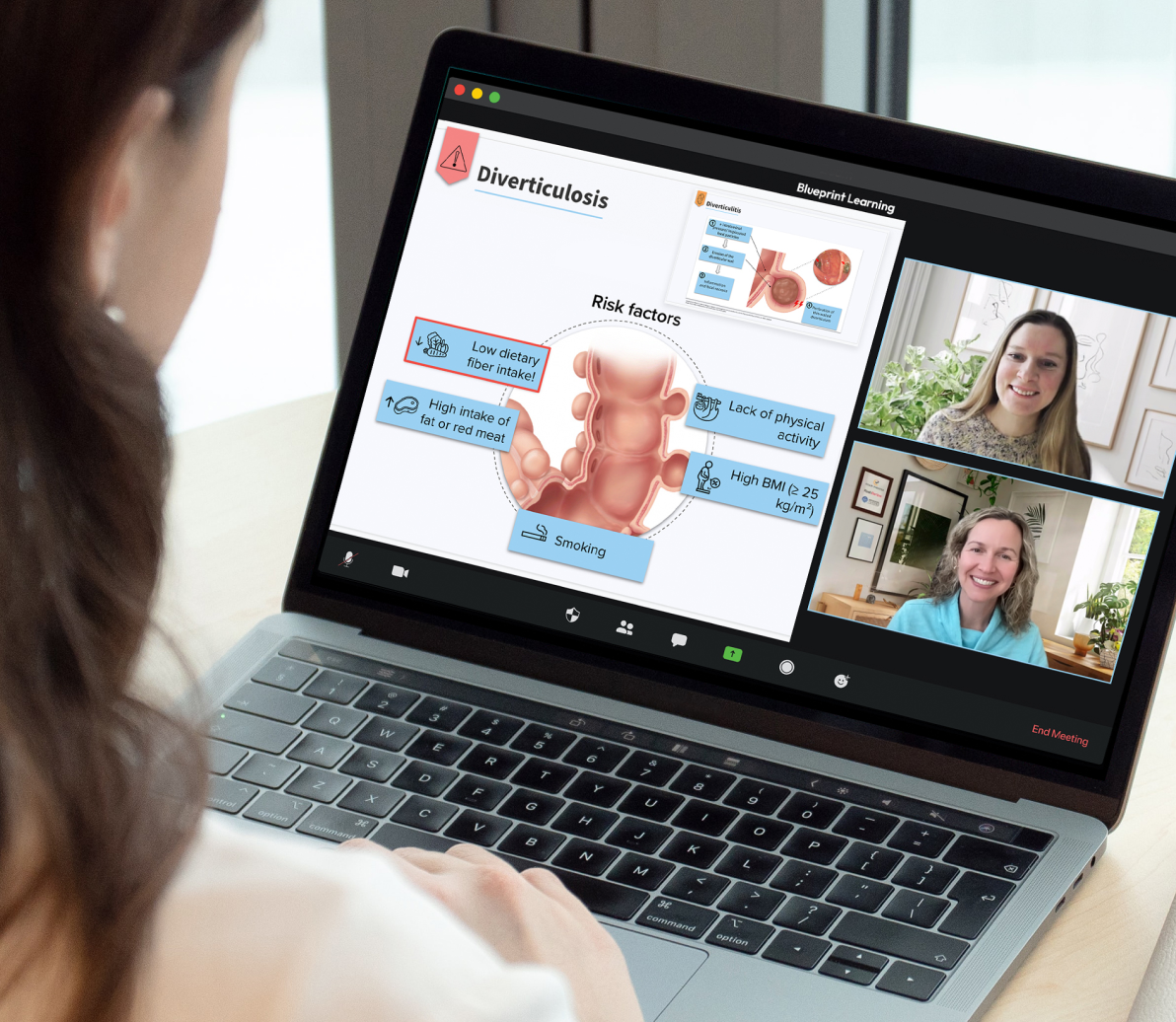 A student on her laptop watches two instructors teach about Diverticulosis via Zoom as part of Inceptestbank’s live PANCE Review Course.
